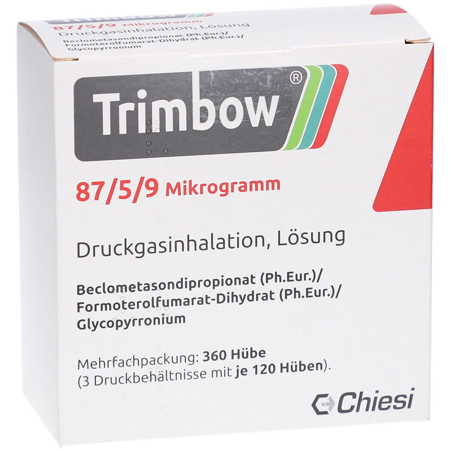 Weiße Faltschachtel. Aufdruck: Trimbow 87/5/9 Mikrogramm, Druckgasinhalation, Lösung. Hersteller Chiesi.