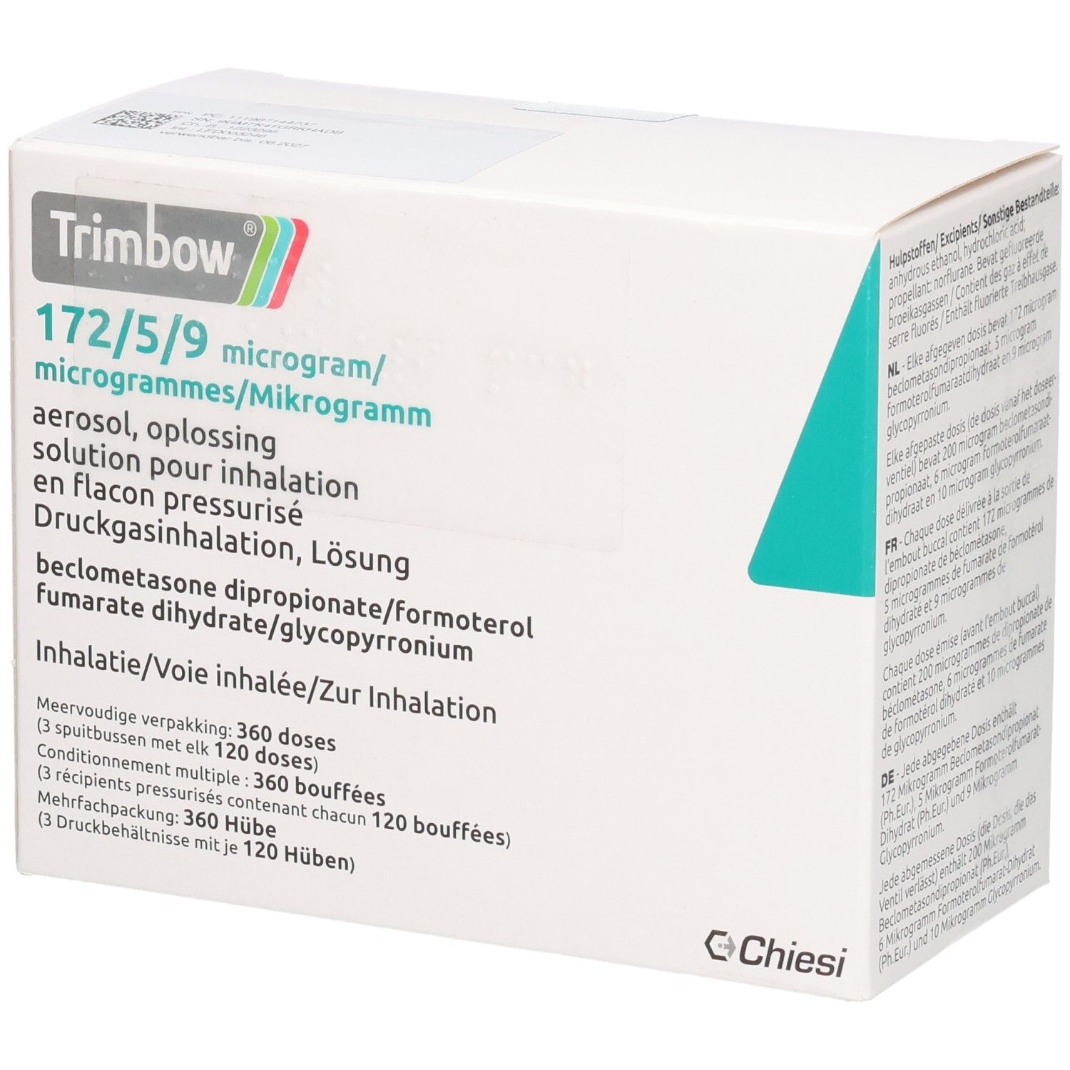 Verpackung von Trimbow 172/5/9 Mikrogramm. Mehrsprachige Beschriftung. Enthält 360 Hübe. Weißer Karton mit grünen und blauen Akzenten.