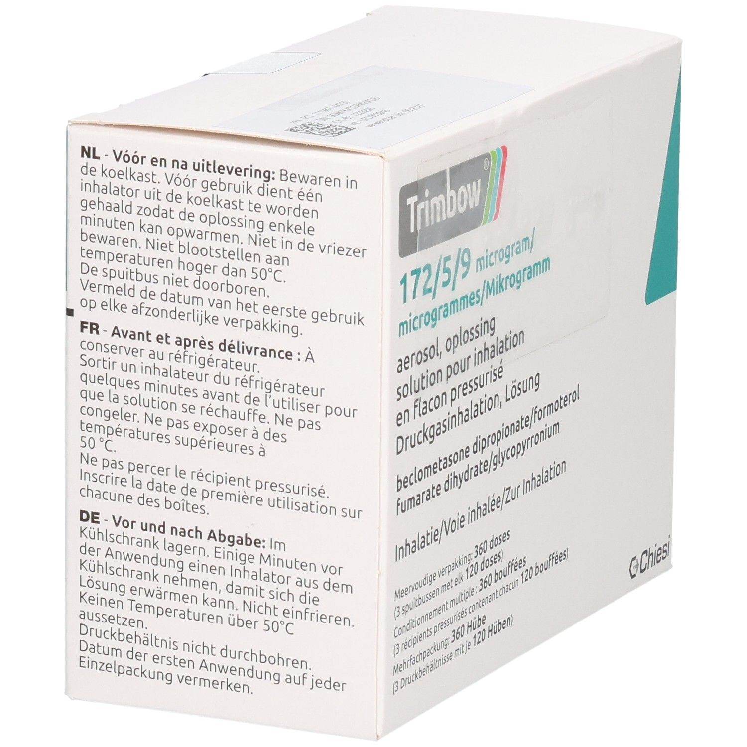 Rückseite der Trimbow-Verpackung. Mehrsprachige Gebrauchsanweisung. Weißer Karton mit grünen und blauen Akzenten.