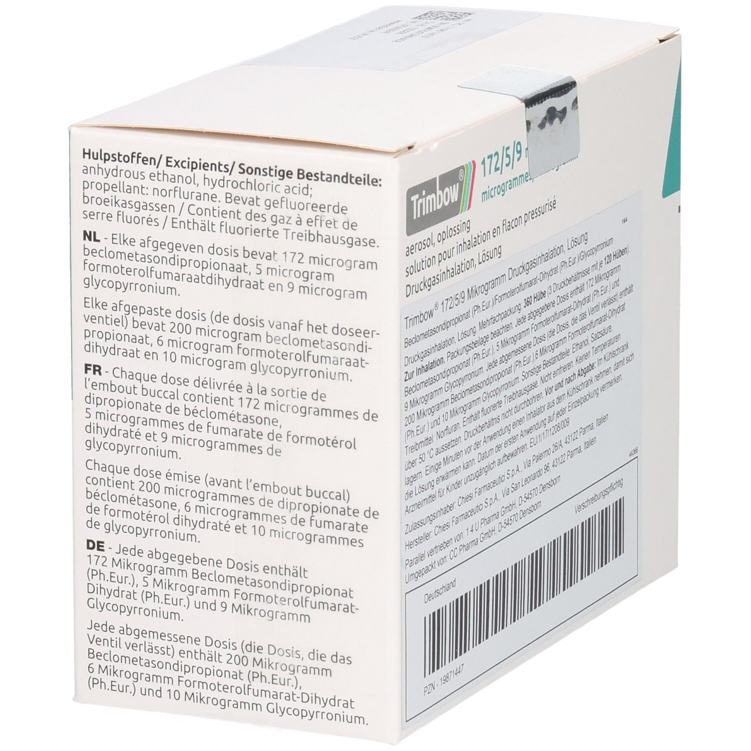 Seite der Trimbow-Verpackung. Mehrsprachige Auflistung der Inhaltsstoffe. Weißer Karton mit grünen und blauen Akzenten.