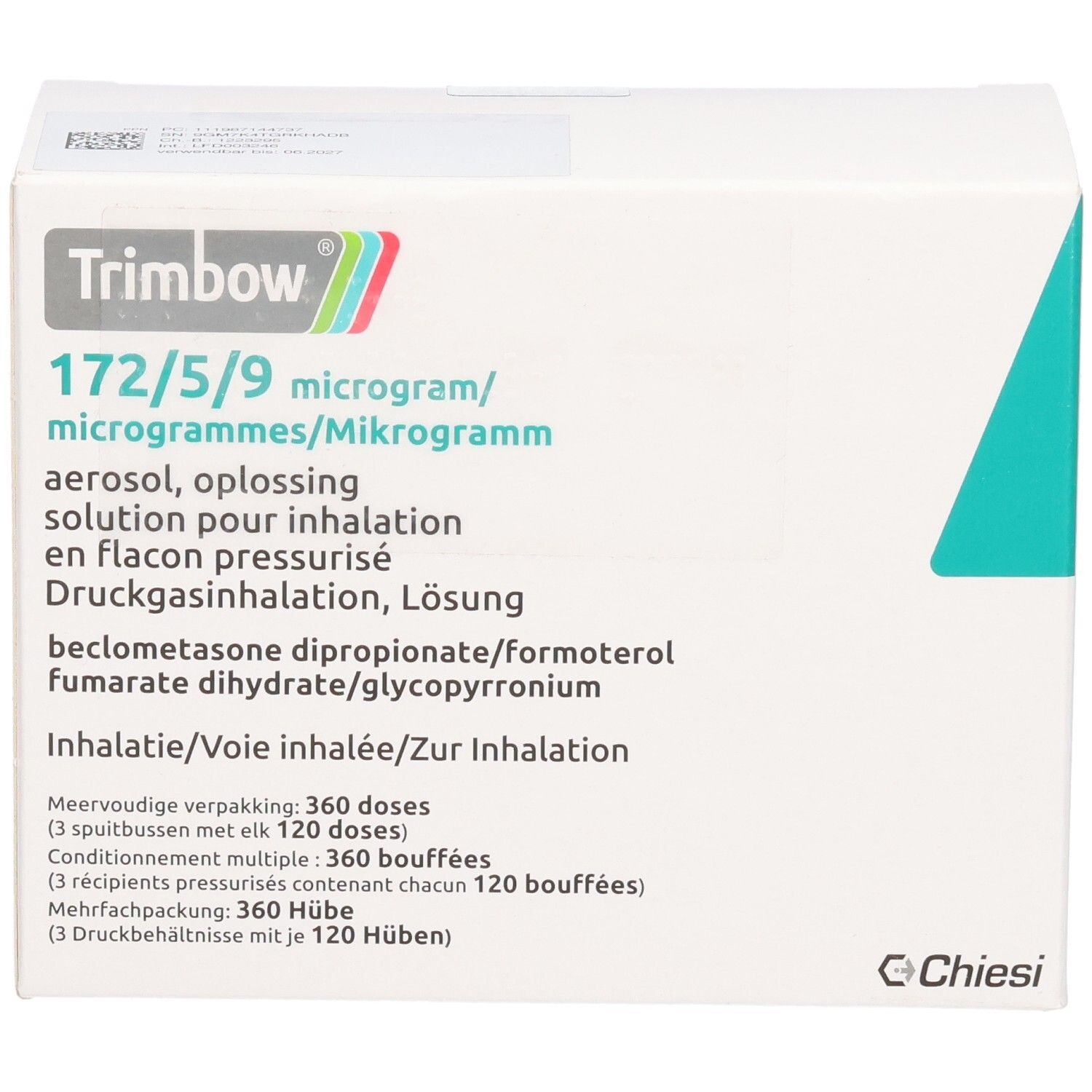 Vorderseite der Trimbow-Verpackung. Mehrsprachige Beschriftung. Enthält 360 Hübe. Weißer Karton mit grünen und blauen Akzenten.