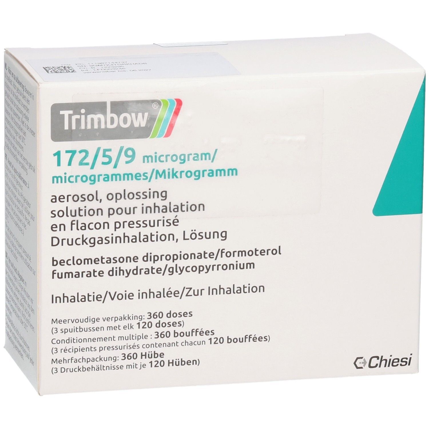 Vorderseite der Trimbow-Verpackung. Mehrsprachige Beschriftung. Enthält 360 Hübe. Weißer Karton mit grünen und blauen Akzenten.