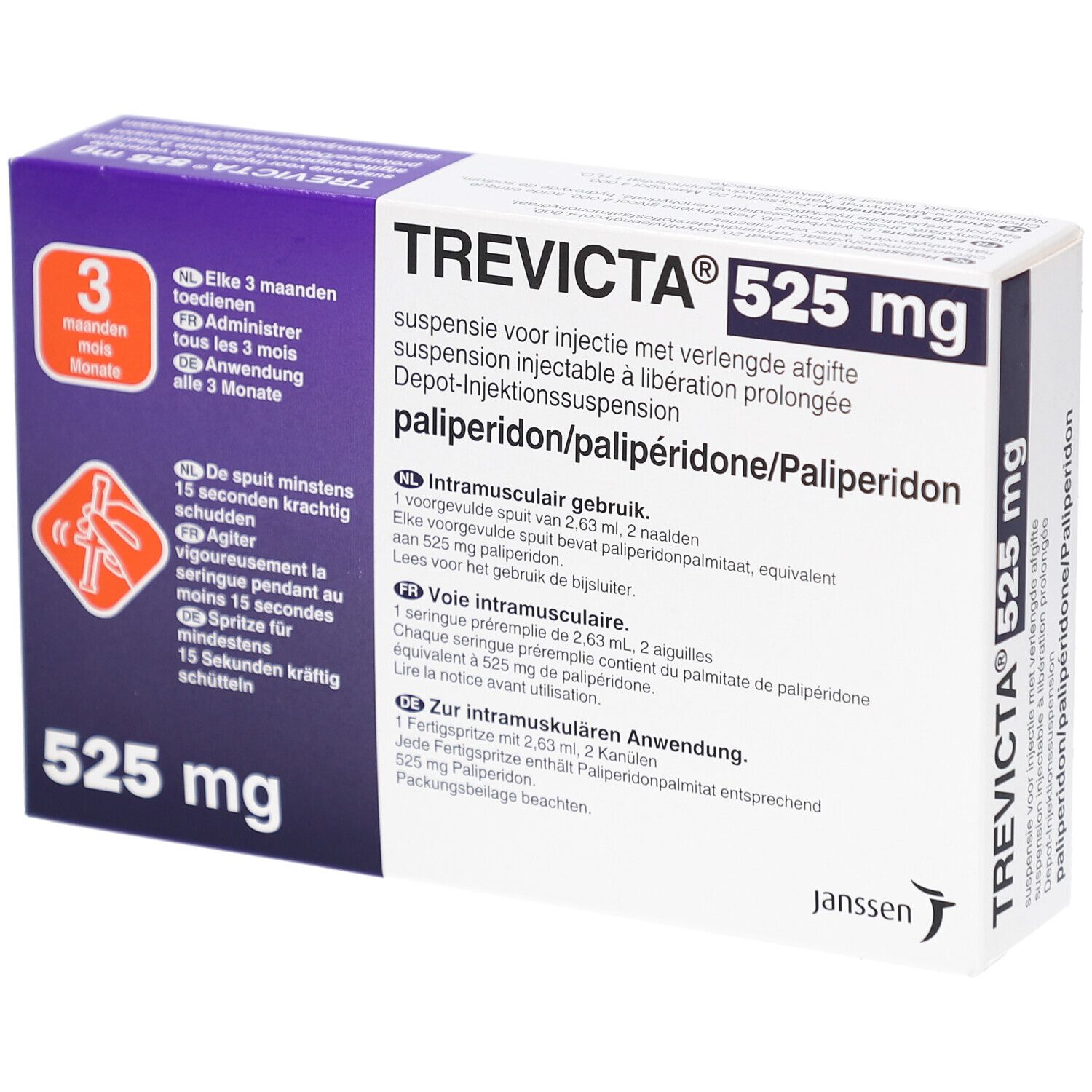 Verpackung von TREVICTA 525 mg. Aufschrift: Depot-Injektionssuspension. Enthält Palipderidon. Mit 3-Monats-Symbol und Injektionsanleitung.