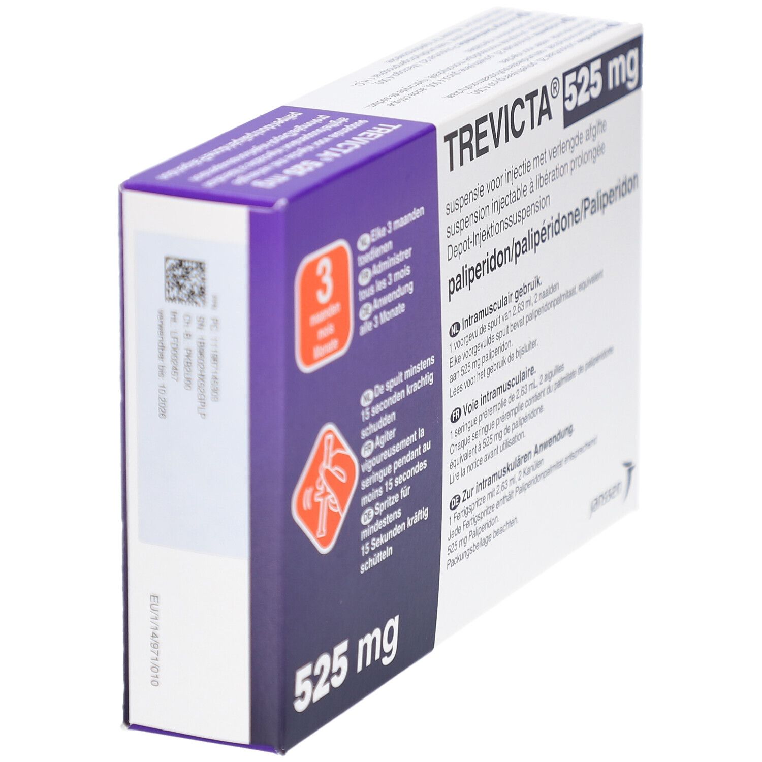 Seitenansicht der TREVICTA 525 mg Verpackung. Aufschrift: Depot-Injektionssuspension. Enthält Palipderidon. Mit 3-Monats-Symbol und Injektionsanleitung.