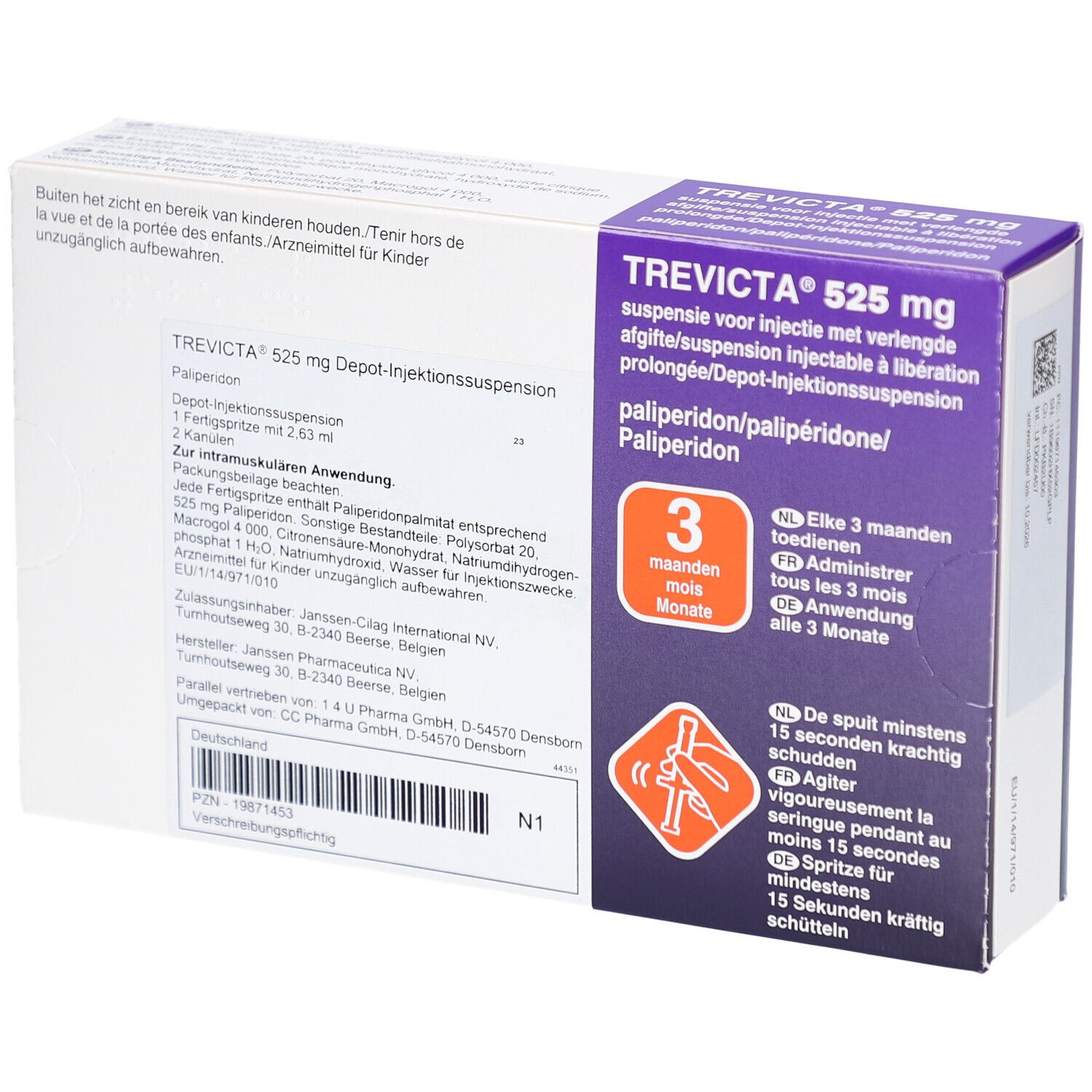 Rückseite der TREVICTA 525 mg Verpackung. Aufschrift: Depot-Injektionssuspension. Enthält Palipderidon. Mit 3-Monats-Symbol und Injektionsanleitung.
