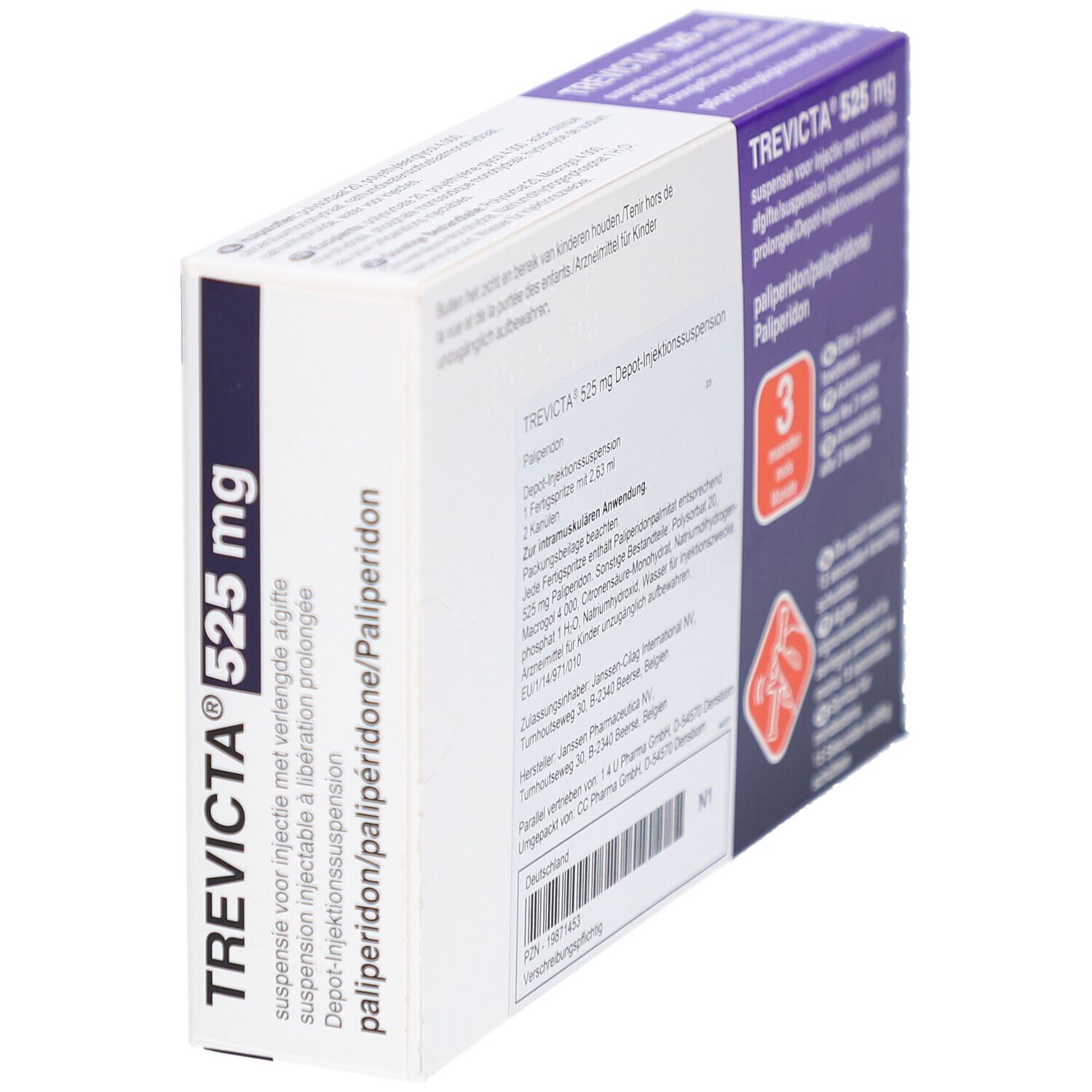 Schräge Ansicht der TREVICTA 525 mg Verpackung. Aufschrift: Depot-Injektionssuspension. Enthält Palipderidon. Mit 3-Monats-Symbol und Injektionsanleitung.