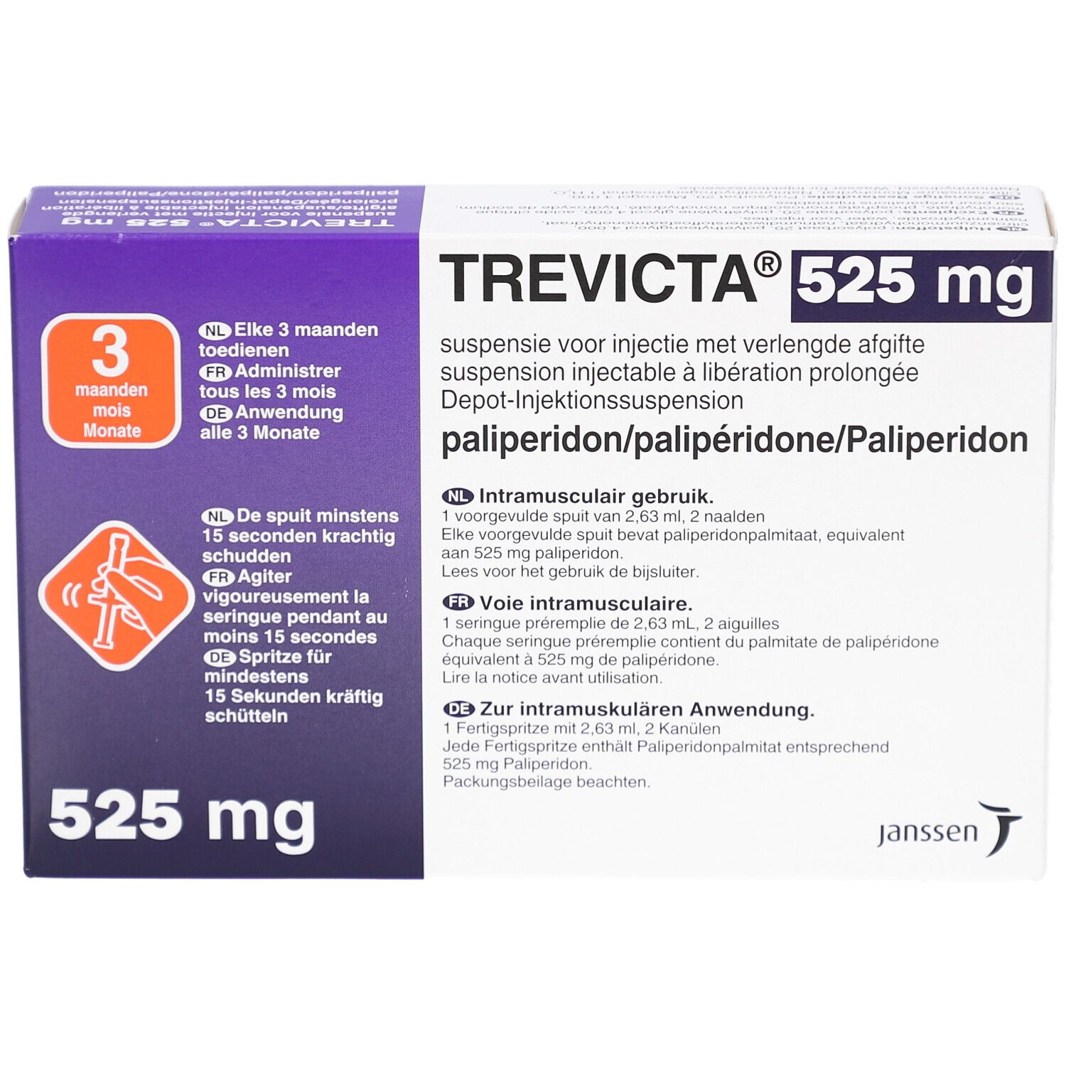 TREVICTA 525 mg Fertigspritze: Vorderseite der Kartonverpackung mit Dosierungs- und Anwendungshinweisen.