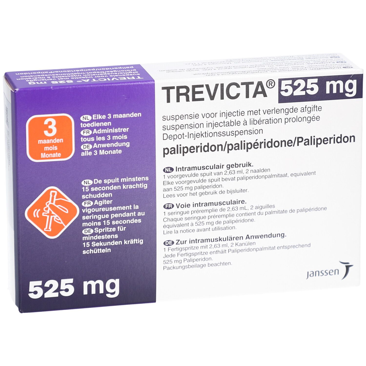 TREVICTA 525 mg Verpackung. Aufschrift: Depot-Injektionssuspension. Enthält Palipderidon. Mit 3-Monats-Symbol und Injektionsanleitung.
