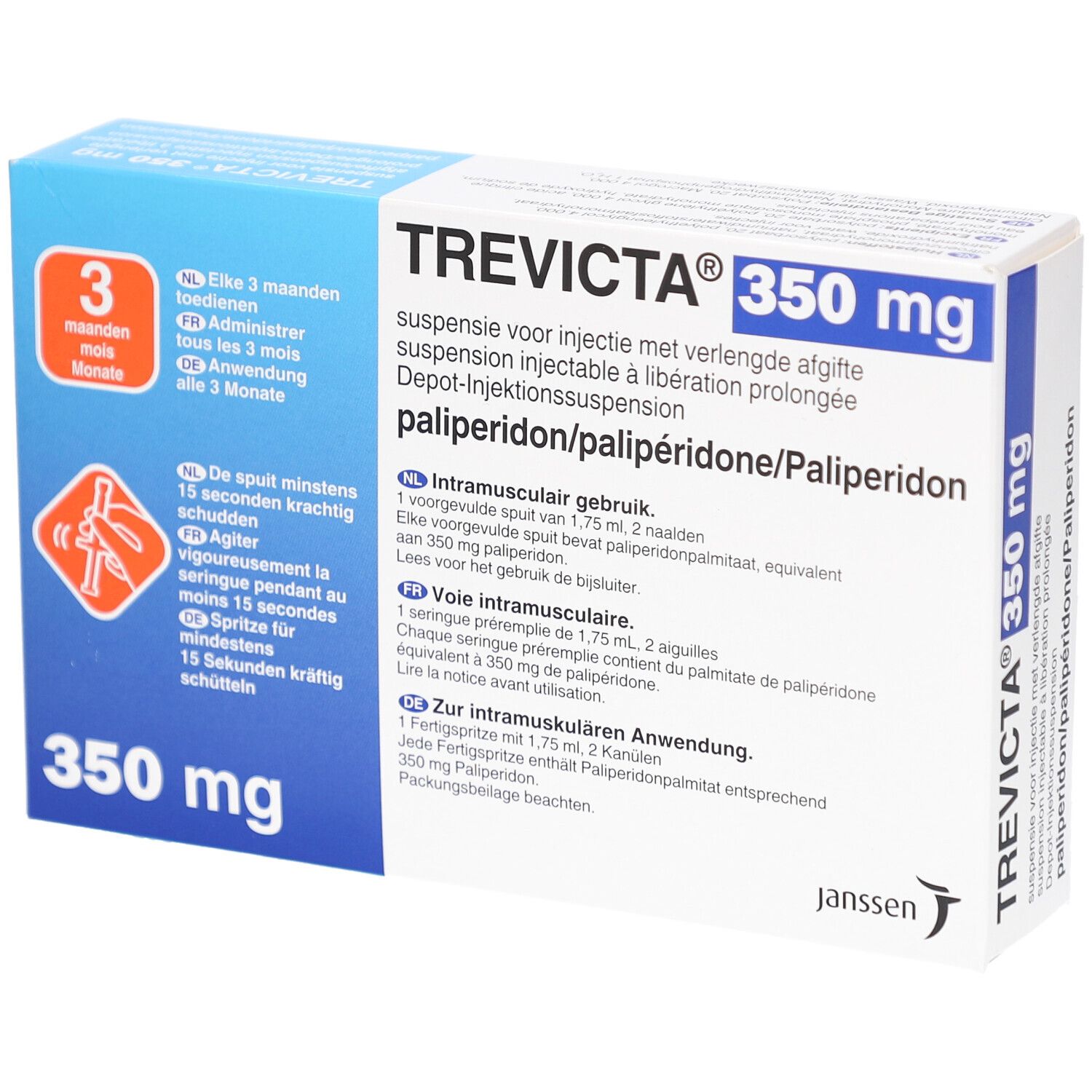 Verpackung von TREVICTA 350 mg. Blaue und weiße Schachtel mit Produktinformationen und dem Logo.