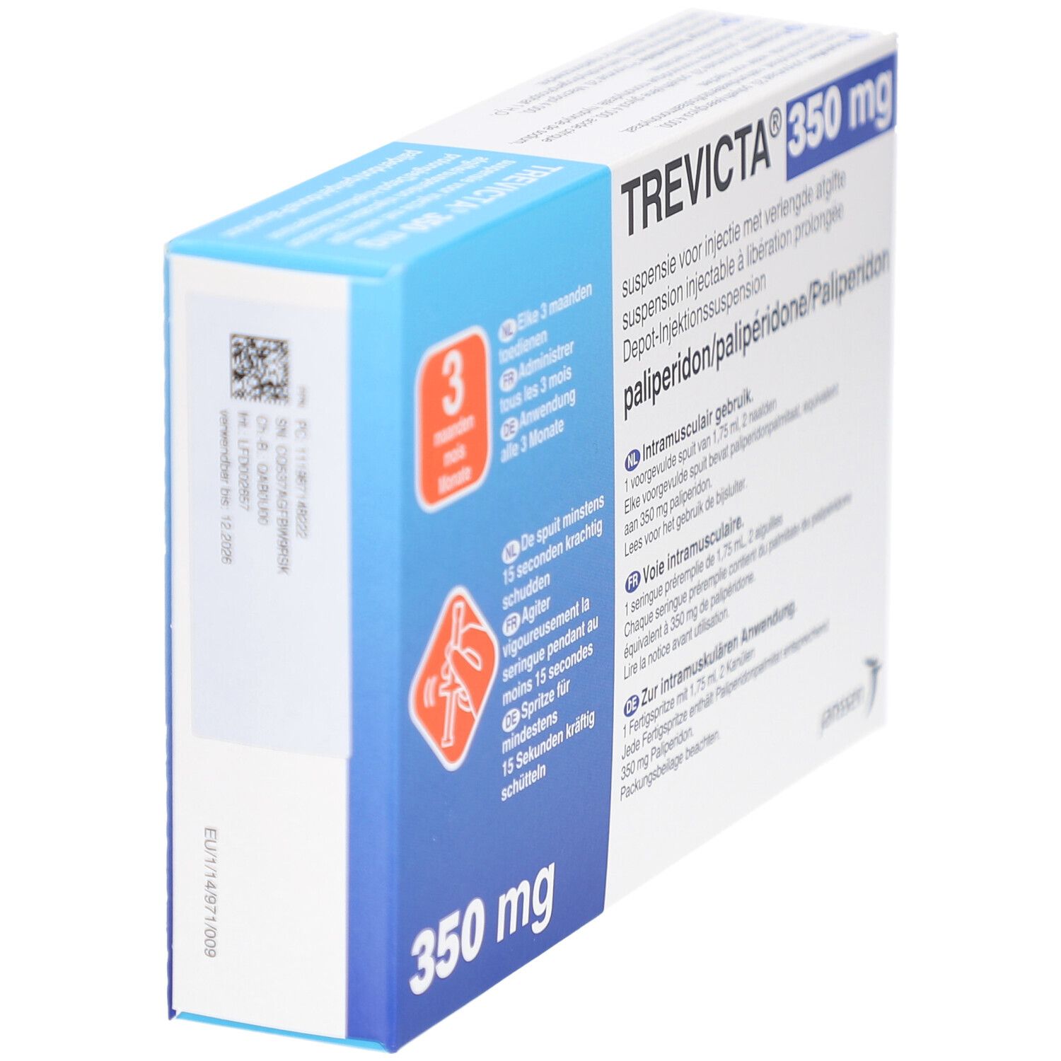 Schachtel von TREVICTA 350 mg. Blaue und weiße Verpackung, schräg von der Seite gesehen.