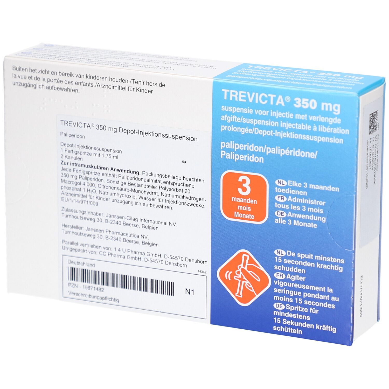 Verpackung von TREVICTA 350 mg. Rückseite der Schachtel mit Produktinformationen.