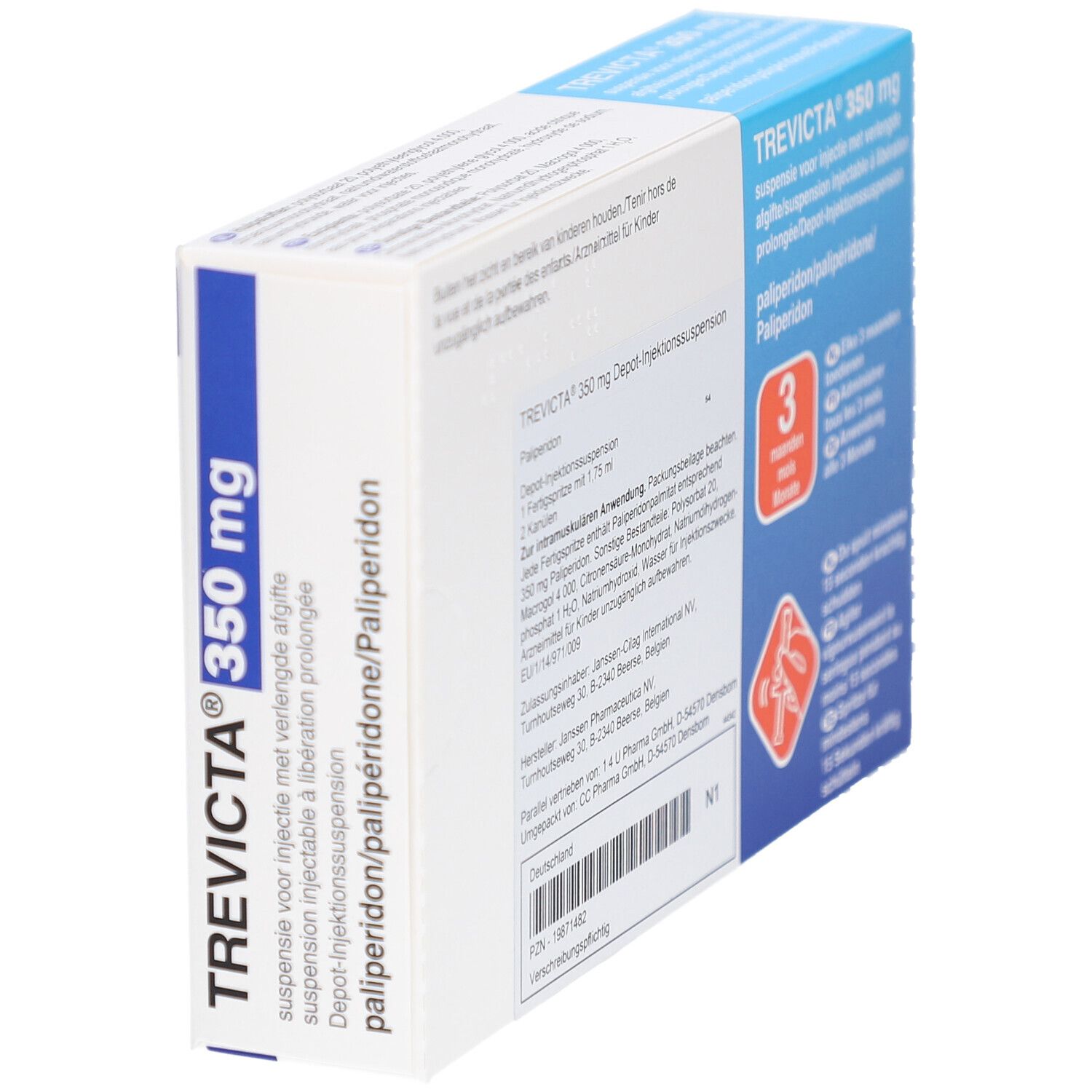 Schachtel von TREVICTA 350 mg. Schräge Ansicht der Verpackung mit Produktinformationen.
