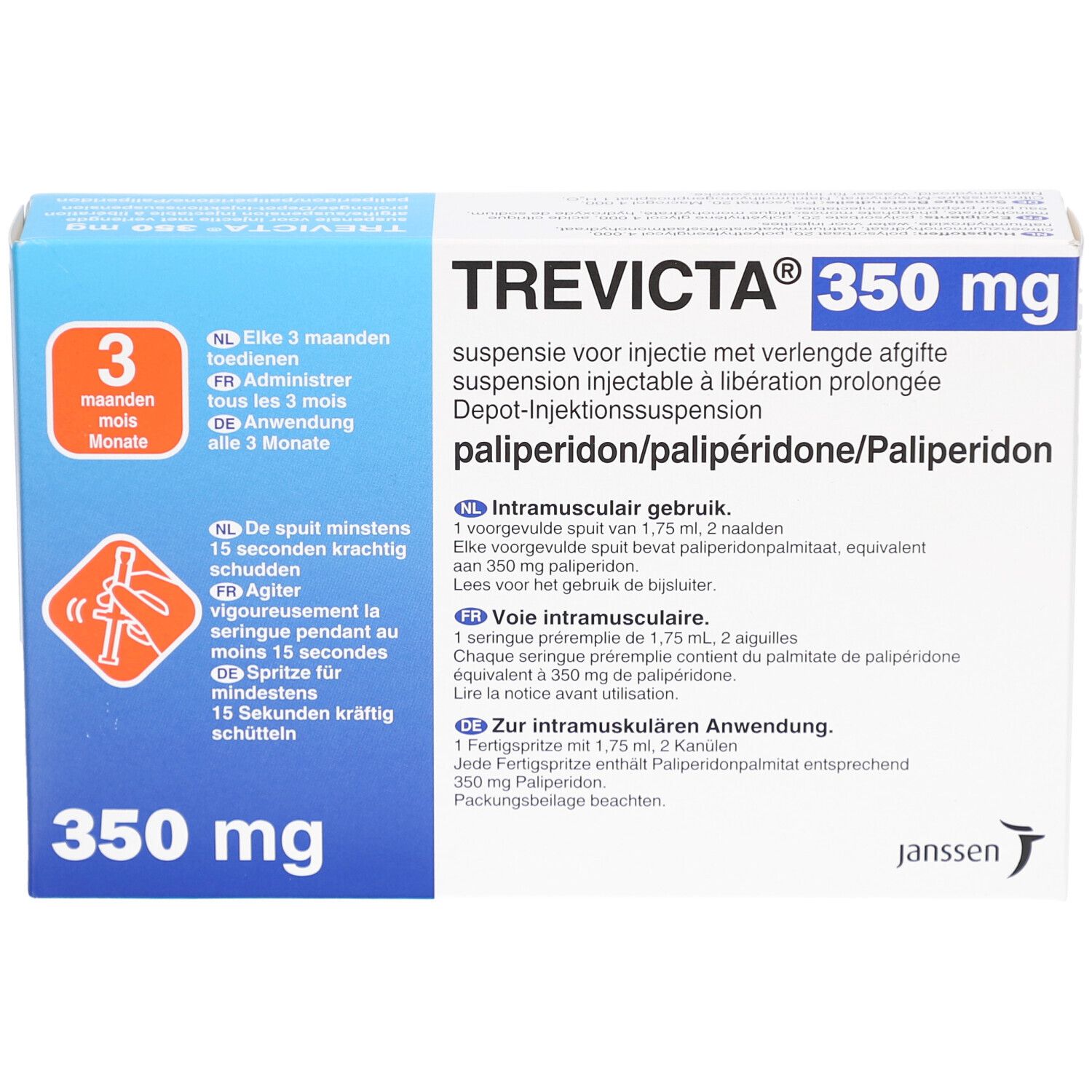 Verpackung von TREVICTA 350 mg. Vorderseite mit Produktnamen, Dosierung und Anweisungen.