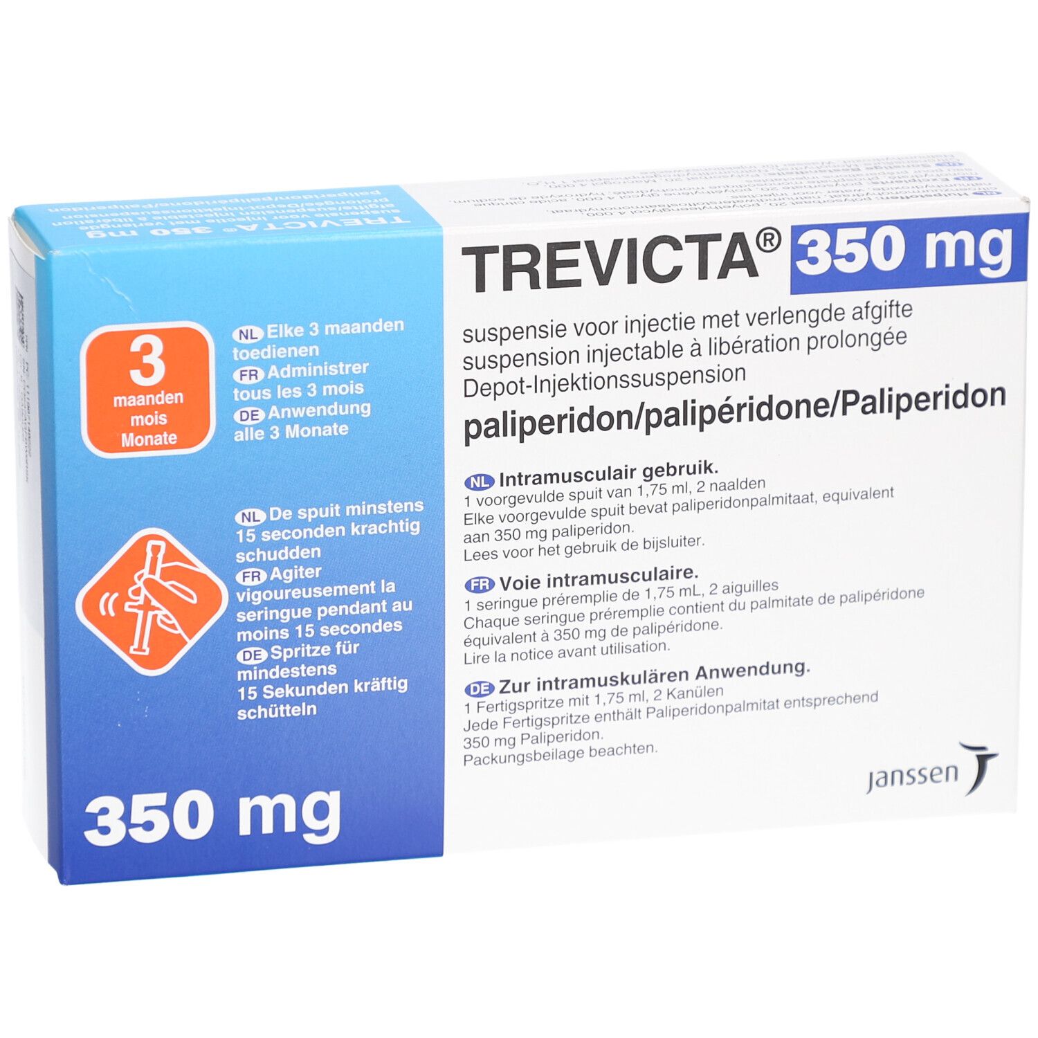 Verpackung von TREVICTA 350 mg. Vorderseite mit Produktnamen, Dosierung und Anweisungen.