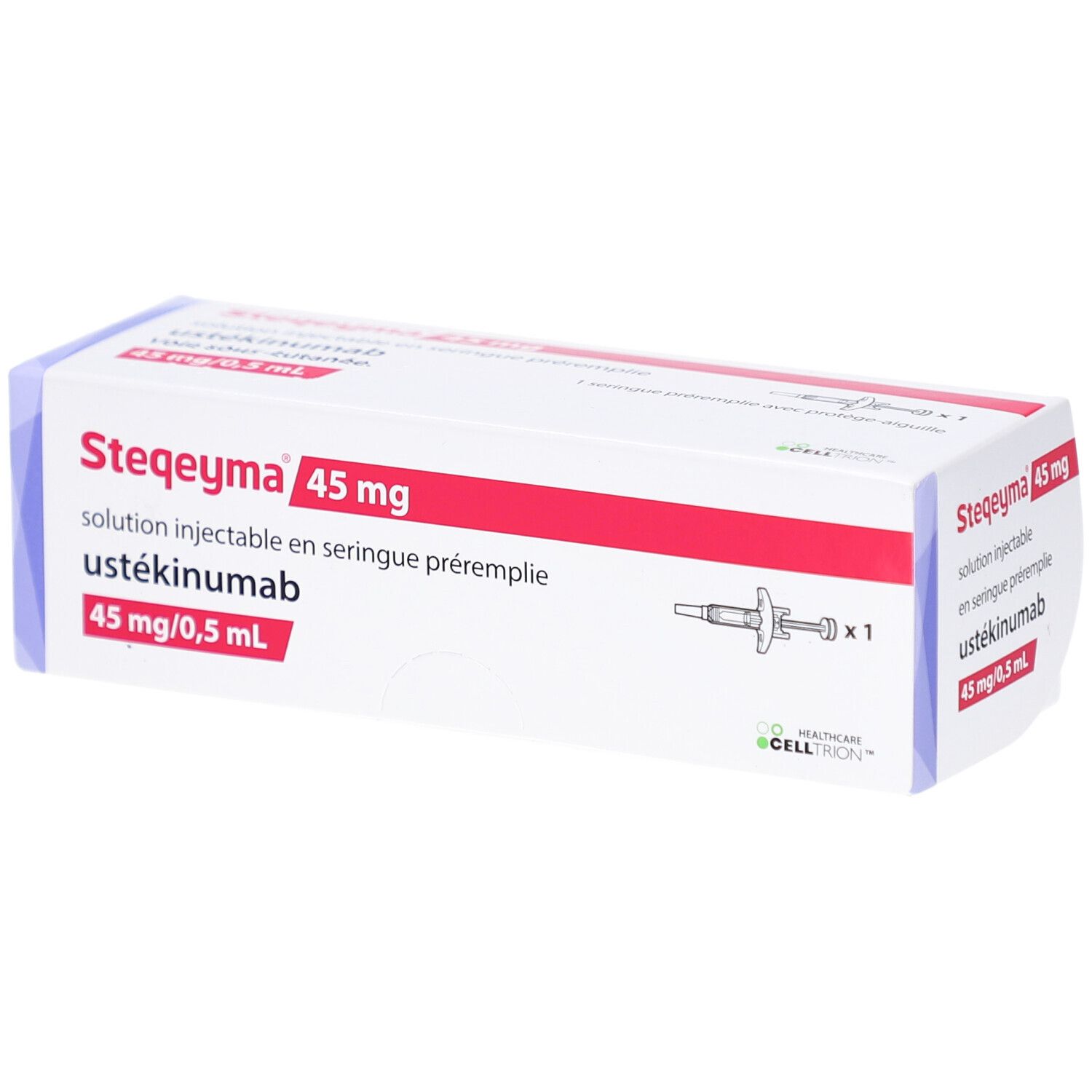 Verpackung von Steqeyma 45 mg Injektionslösung. Rote und weiße Schachtel mit Produktinformationen und einer Abbildung einer Fertigspritze.