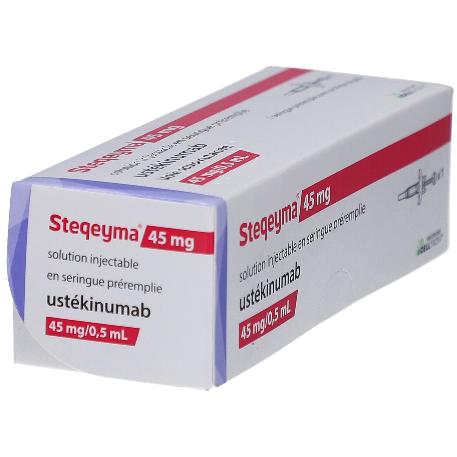 Schachtel von Steqeyma 45 mg. Weiße und rote Verpackung mit Produktnamen, Dosierung und Abbildung einer Fertigspritze.