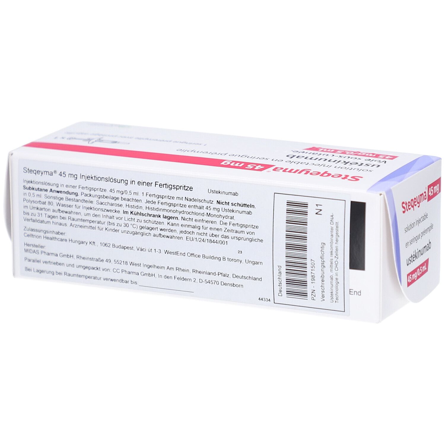 Rückseite der Steqeyma 45 mg Verpackung. Textinformationen, Barcode und Herstellerangaben auf weißem Hintergrund.