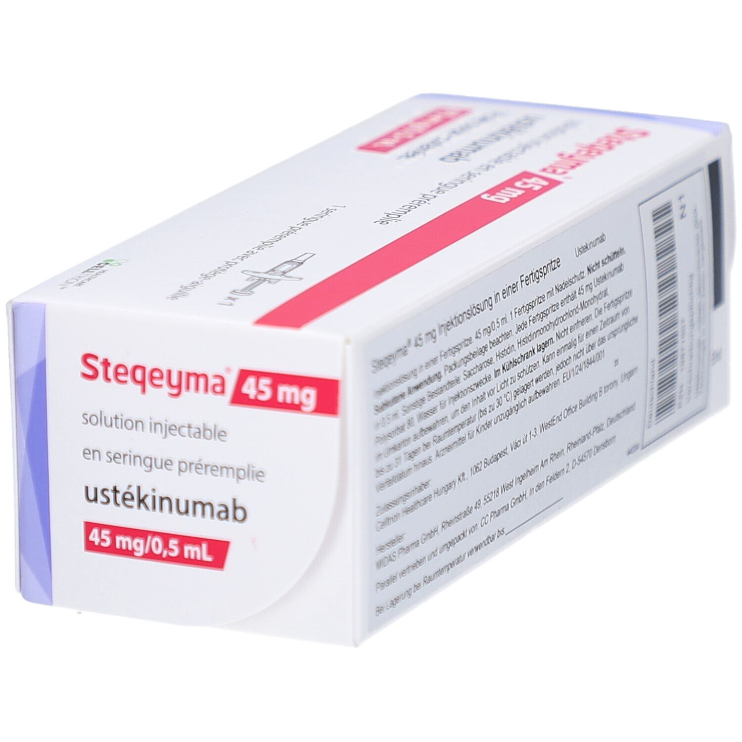 Schachtel von Steqeyma 45 mg. Weiße und rote Verpackung mit Produktnamen, Dosierung und Informationen zur Injektionslösung.