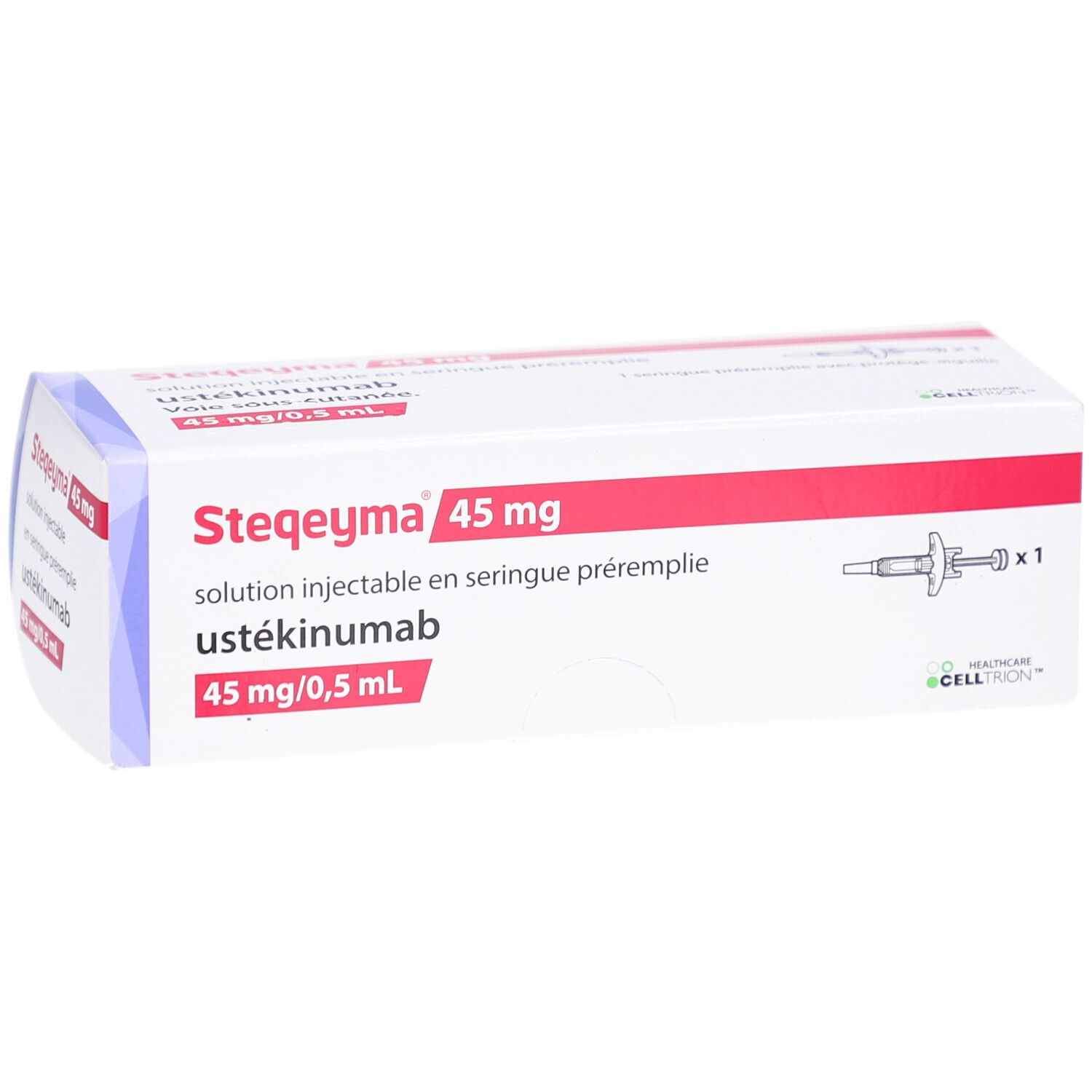 Verpackung von Steqeyma 45 mg. Weiße und rote Schachtel mit Produktinformationen und einer Abbildung einer Fertigspritze.