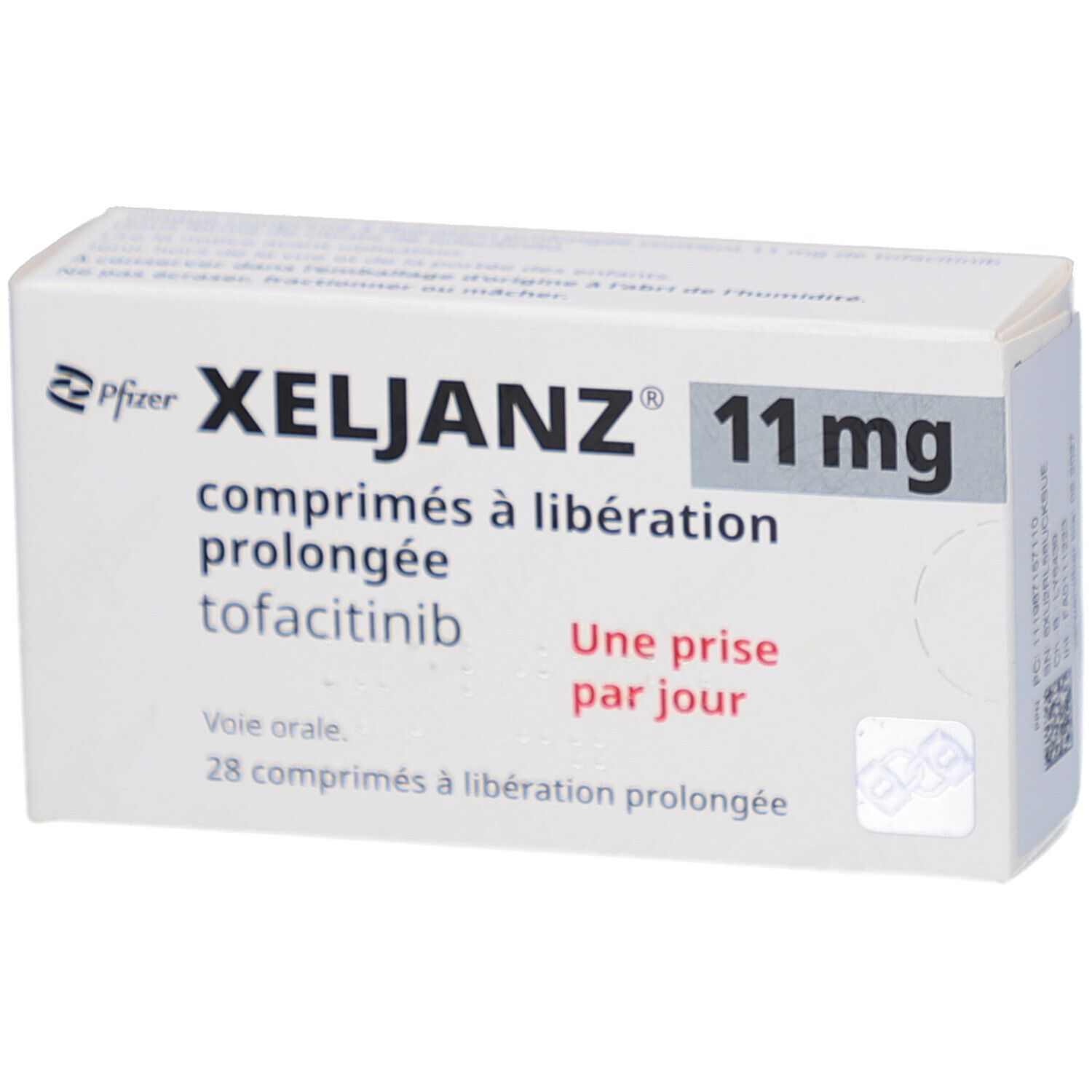 Weiße Schachtel mit XELJANZ 11 mg. Aufschrift: comprimés à libération prolongée, tofacitinib, Une prise par jour, 28 comprimés.
