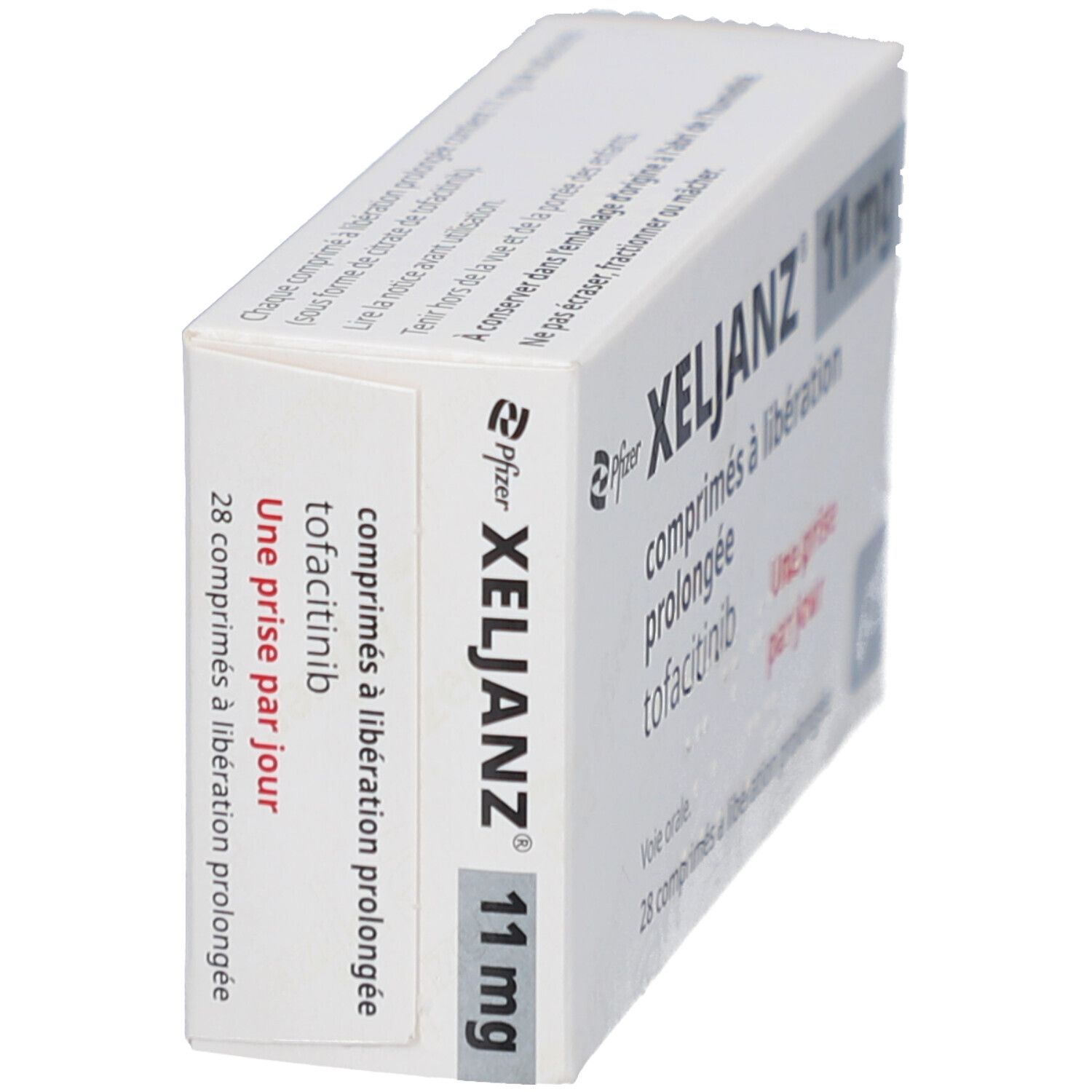 Schachtel XELJANZ 11 mg, weiß. Aufschrift: comprimés à libération prolongée, tofacitinib, Une prise par jour, 28 comprimés.