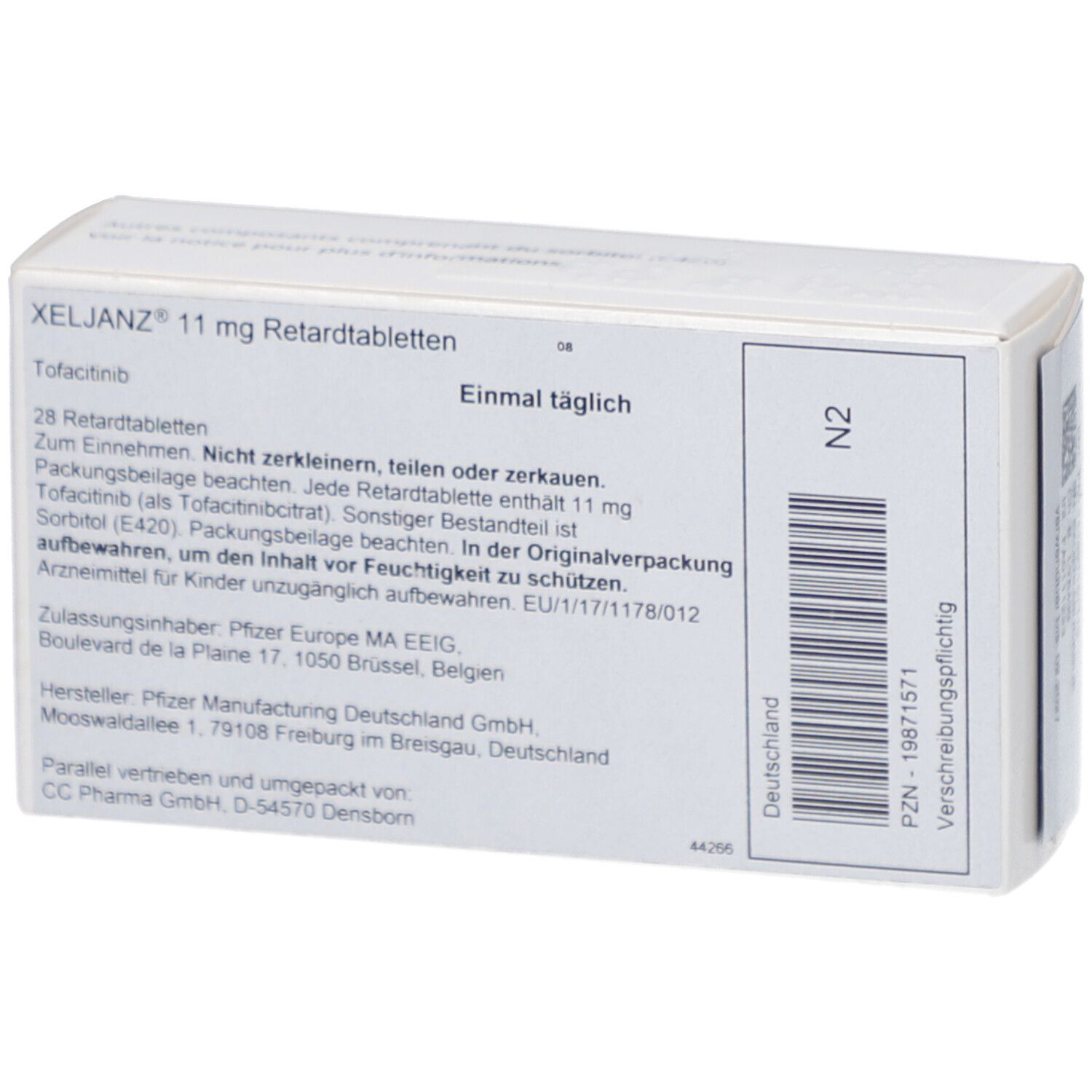 Rückseite der XELJANZ 11 mg Schachtel. Text: 28 Retardtabletten, Einmal täglich, Hersteller, Zulassungsinhaber, PZN-19871571.