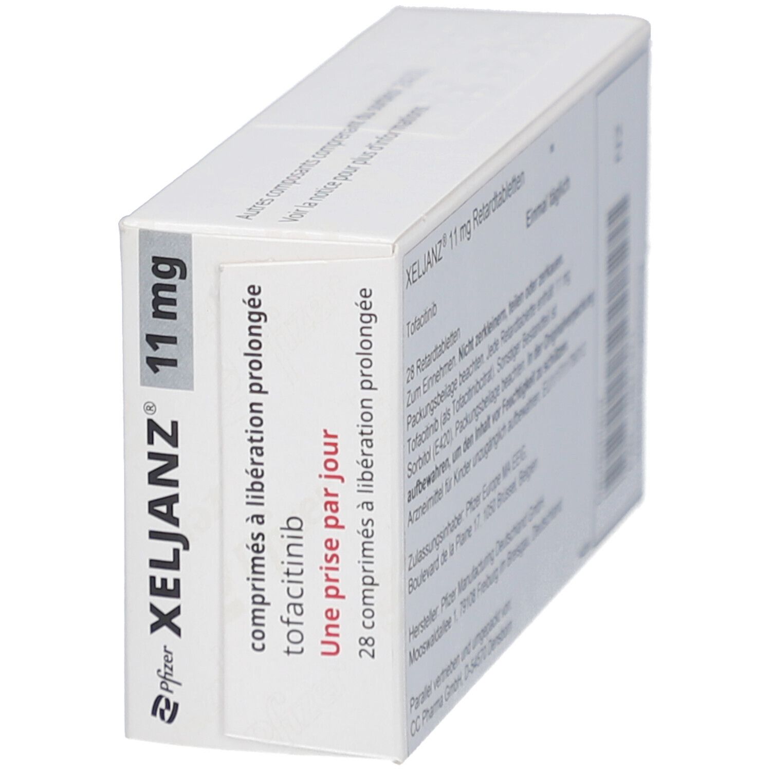 Schachtel XELJANZ 11 mg, weiß. Aufschrift: comprimés à libération prolongée, tofacitinib, Une prise par jour, 28 comprimés.