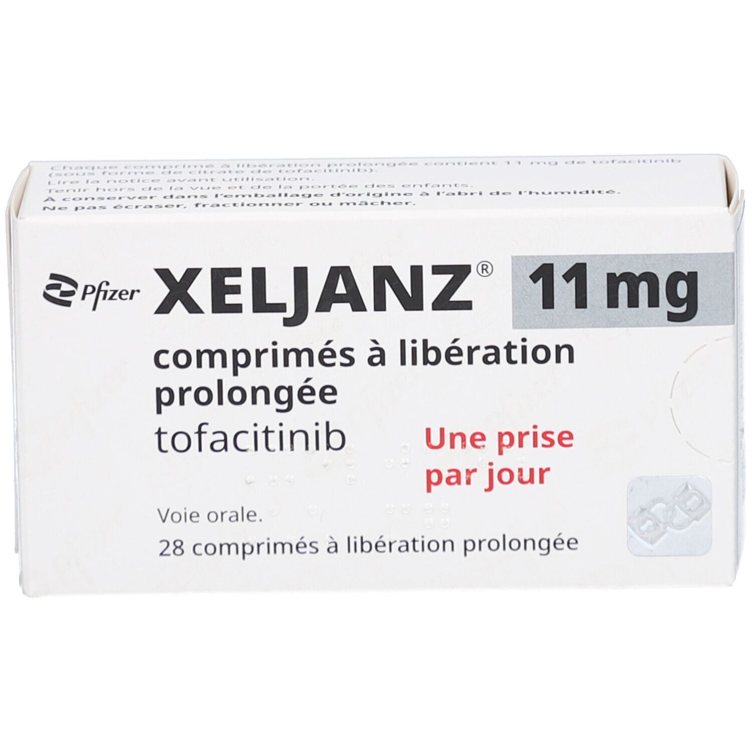 Weiße Schachtel mit XELJANZ 11 mg. Aufschrift: comprimés à libération prolongée, tofacitinib, Une prise par jour, 28 comprimés.