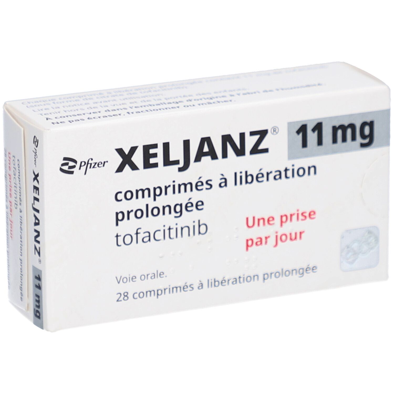 Weiße Schachtel mit XELJANZ 11 mg. Aufschrift: comprimés à libération prolongée, tofacitinib, Une prise par jour, 28 comprimés.