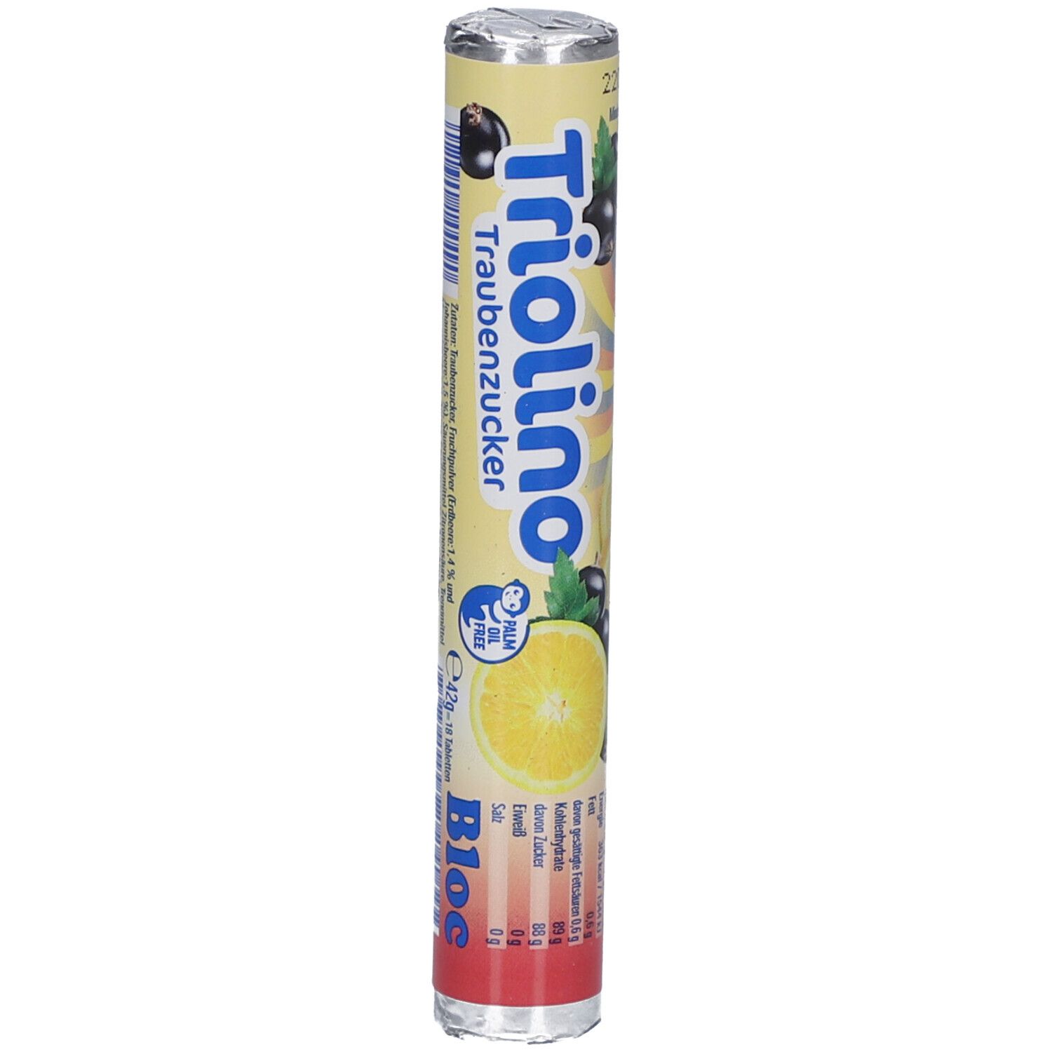 Zylinderförmige Verpackung von Bloc® Triolino Traubenzucker. Aufdruck mit Zitrone, Johannisbeere und dem Produktnamen. Silberne Verschlusskappe.