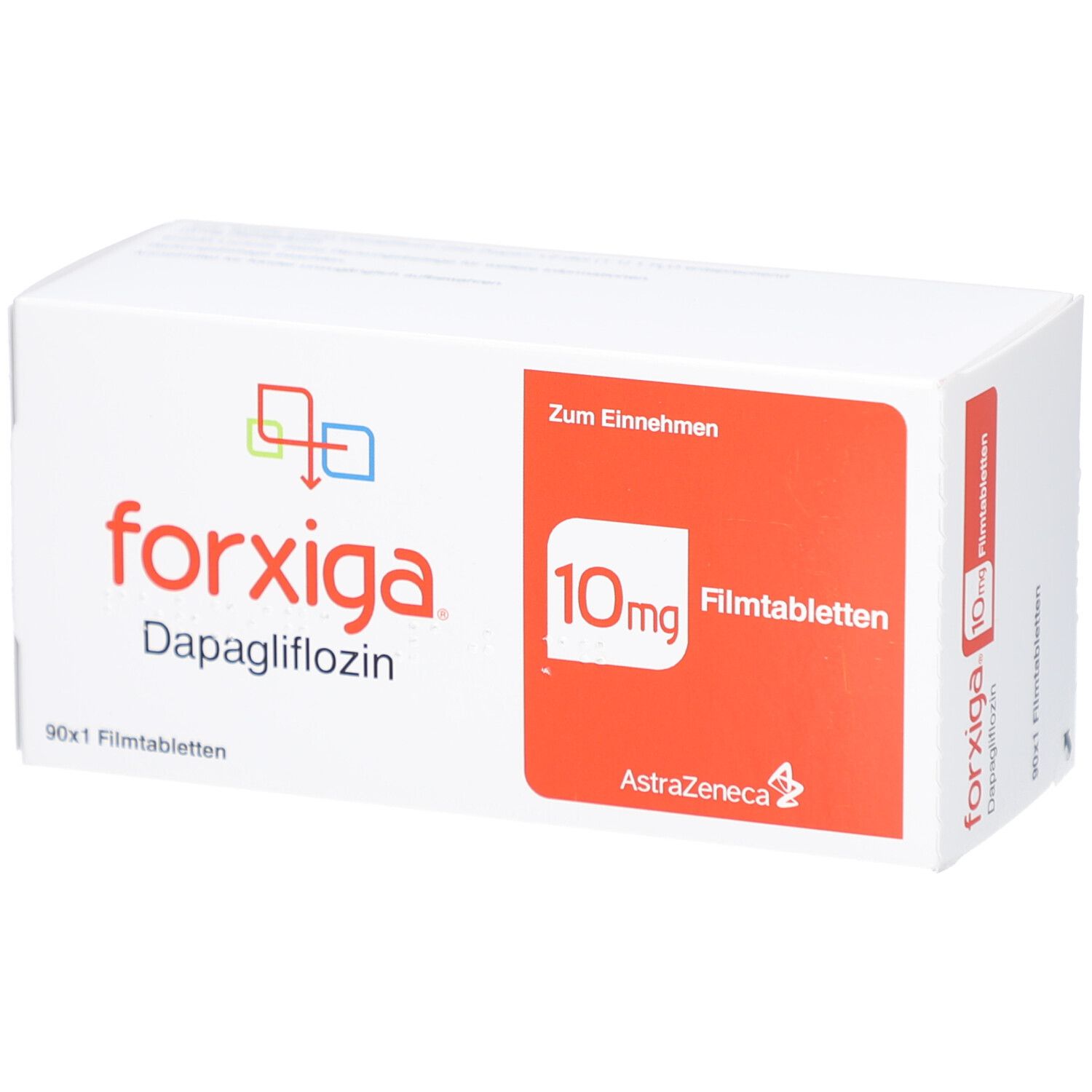 Weiße Schachtel mit rotem Feld. Aufschrift: forxiga, 10mg Filmtabletten, Dapagliflozin. 90x1 Filmtabletten. AstraZeneca Logo.
