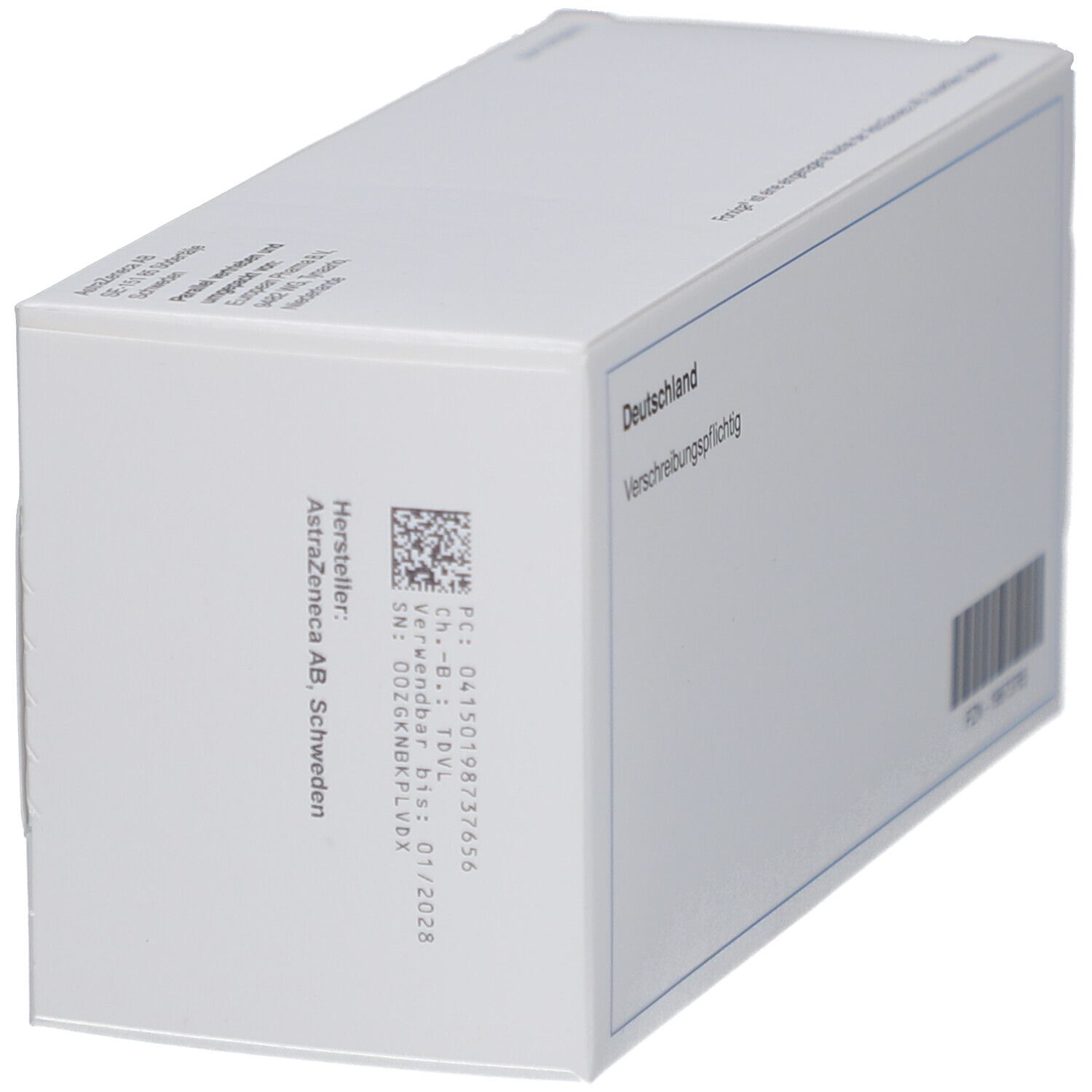 Weiße Schachtel, Seitenansicht. Aufschrift: Deutschland, Verschreibungspflichtig. Hersteller AstraZeneca AB, Schweden.