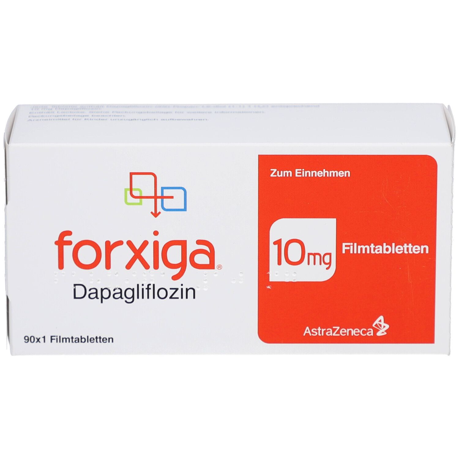 Weiße Schachtel mit rotem Feld. Aufschrift: forxiga, 10mg Filmtabletten, Dapagliflozin. 90x1 Filmtabletten. AstraZeneca Logo.