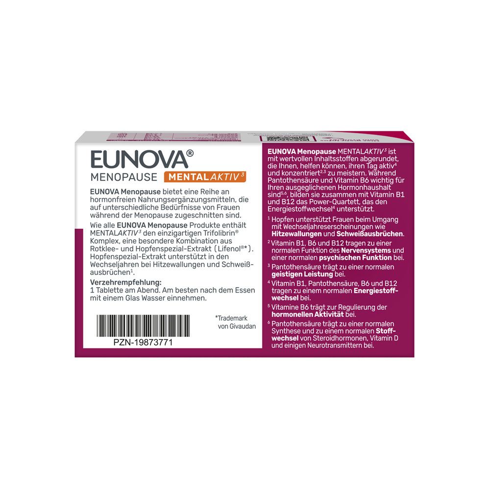 Rückseite der EUNOVA MENOPAUSE MENTAL AKTIV Verpackung mit Produktinformationen und Einnahmeempfehlung.