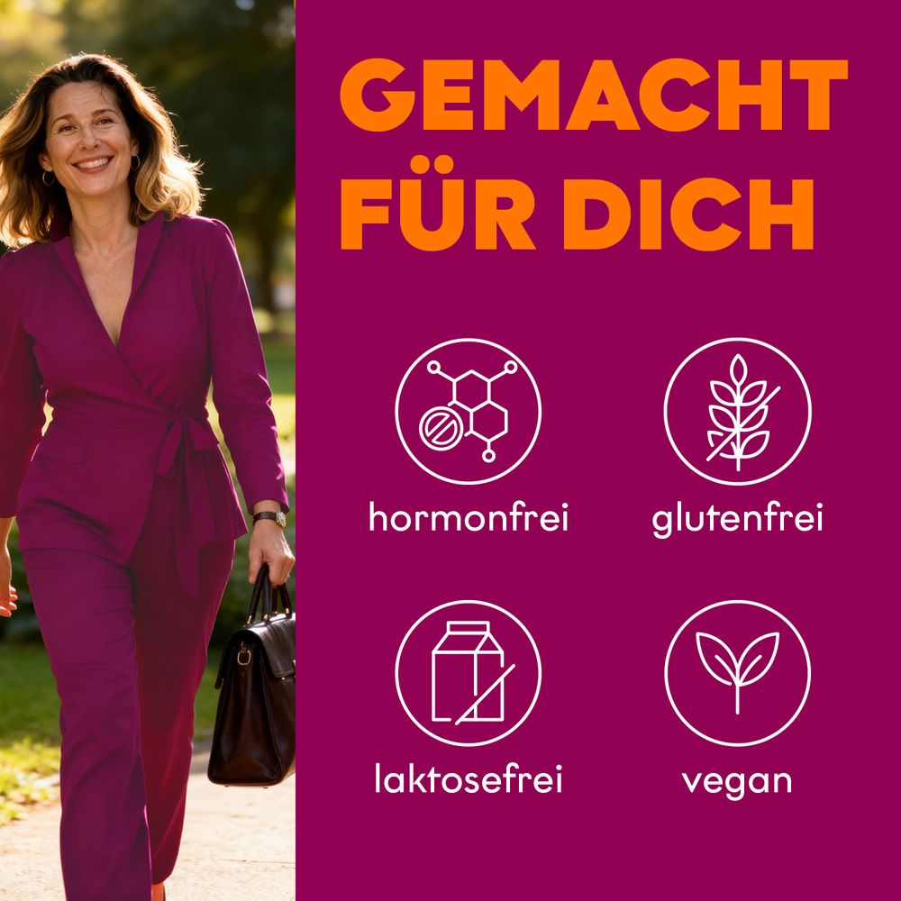 Frau geht nach draußen, begleitet von Icons: hormonfrei, glutenfrei, laktosefrei, vegan.