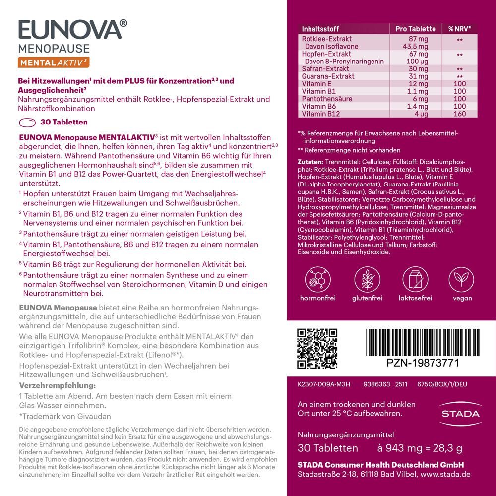 Übersicht der EUNOVA MENOPAUSE Produkte: Energie, Konzentration, Entspannung, Knochen & Muskeln.