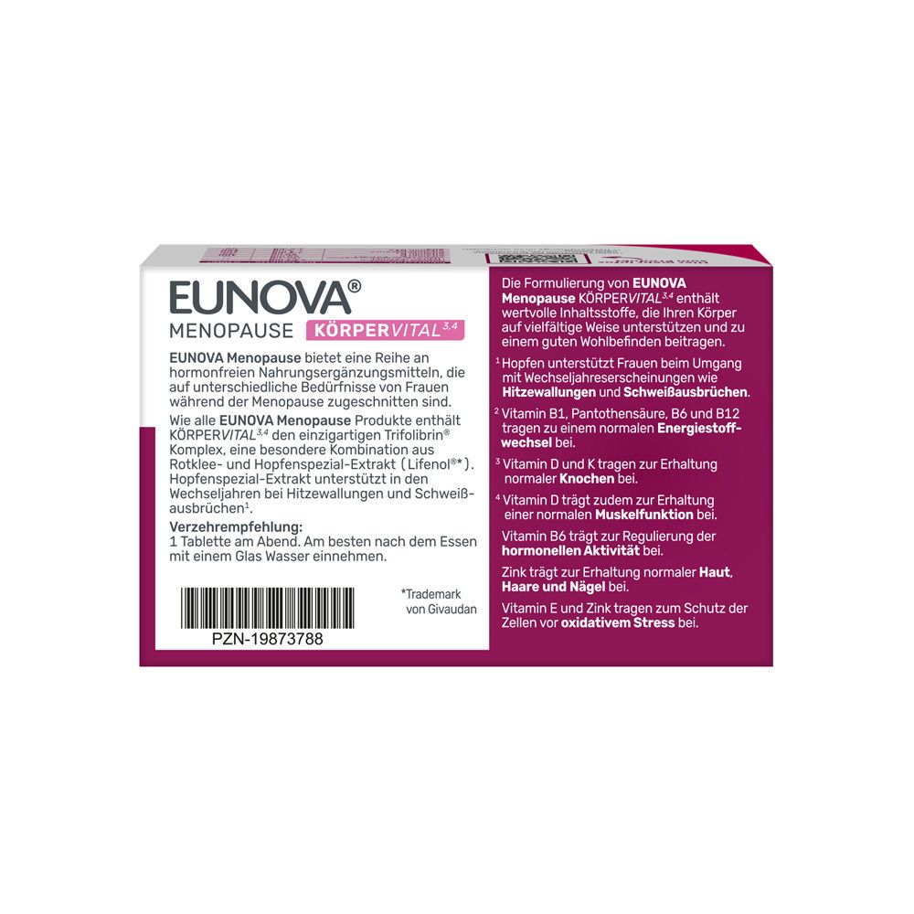 Rückseite der EUNOVA® MENOPAUSE KÖRPERVITAL Verpackung mit Produktinformationen.
