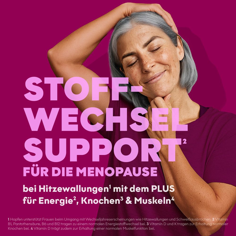 Frau mit grauen Haaren, die sich die Hand an den Kopf legt, mit Text "Stoffwechsel Support für die Menopause".