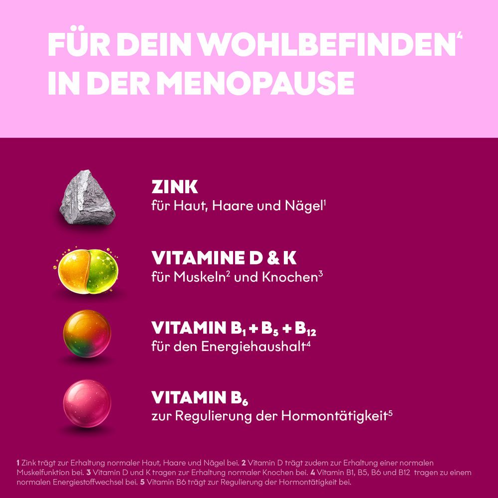 Abbildung von Zink, Vitamin D & K, Vitamin B1, B6, B12 und Vitamin B6 mit Text zu deren Funktionen.