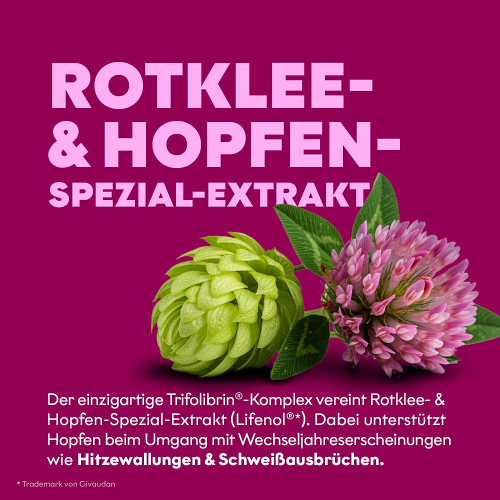 Darstellung von Rotklee und Hopfen, mit Text "Rotklee- & Hopfen-Spezial-Extrakt".