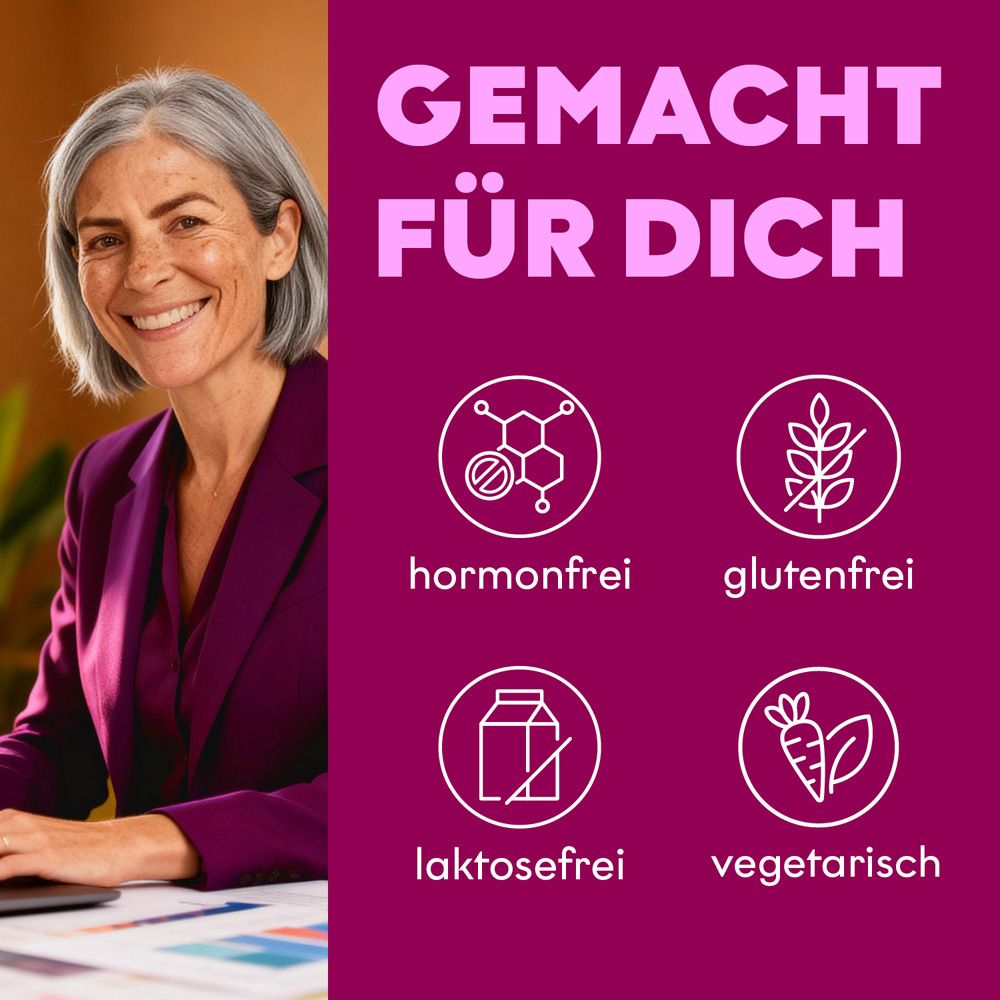Frau lächelt am Schreibtisch, mit Symbolen für "hormonfrei", "glutenfrei", "laktosefrei", "vegetarisch".