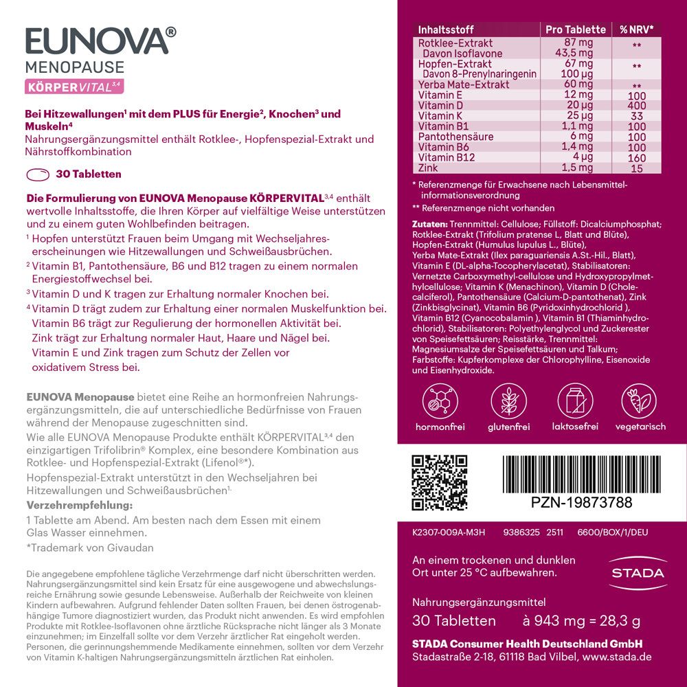 Übersicht der EUNOVA® Menopause Produkte: Energie & Entspannung, Konzentration & Ausgeglichenheit.