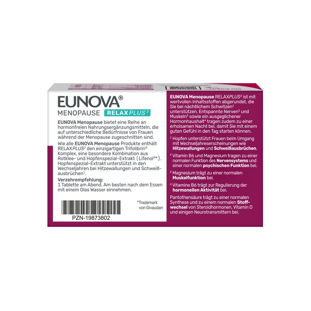Rückseite der EUNOVA MENOPAUSE RELAX PLUS Verpackung mit Produktinformationen und Anwendungshinweisen.