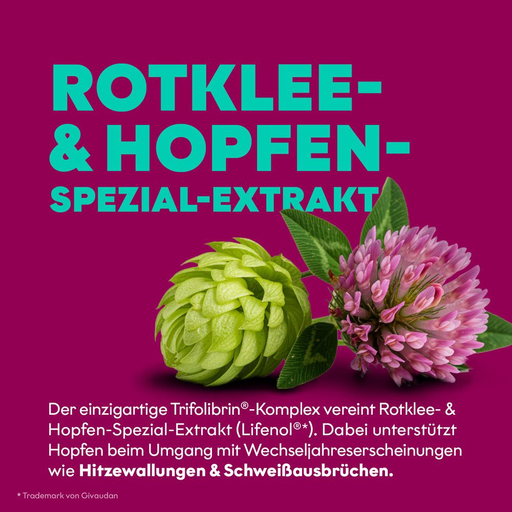 Darstellung von Rotklee- und Hopfen-Spezial-Extrakt zur Linderung von Wechseljahresbeschwerden.