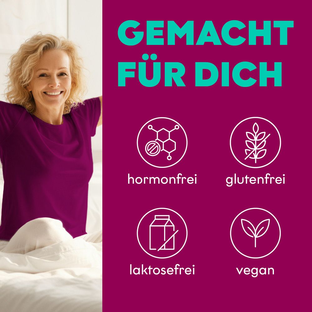Symbole für hormonfrei, glutenfrei, laktosefrei und vegan für EUNOVA MENOPAUSE RELAX PLUS.