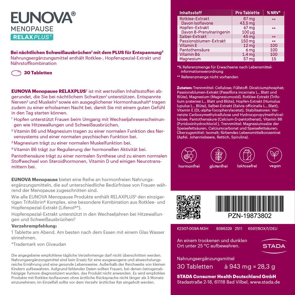 Verpackung EUNOVA MENOPAUSE RELAX PLUS mit 30 Tabletten, mit STADA Logo.