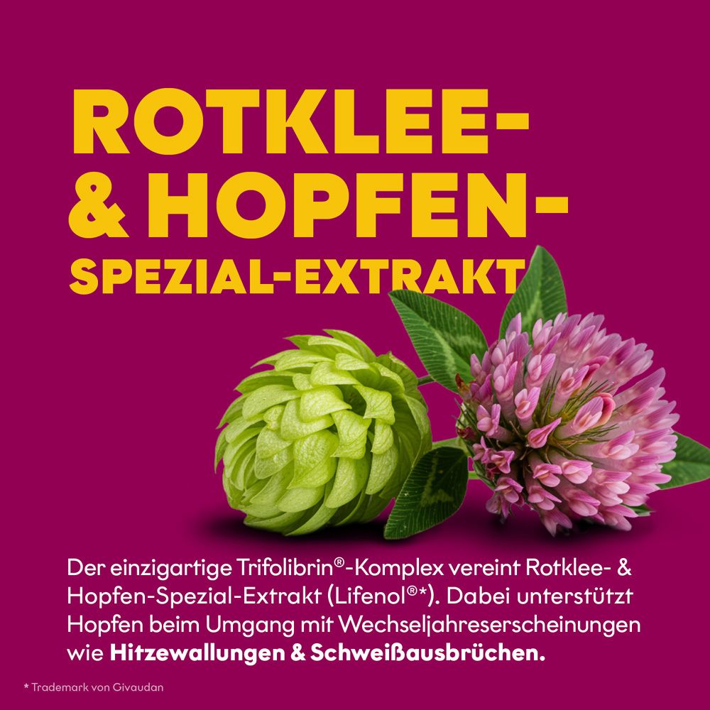 Nahaufnahme von Rotklee- und Hopfen-Spezial-Extrakt, Text: ROTKLEE- & HOPEN-SPEZIAL-EXTRAKT.
