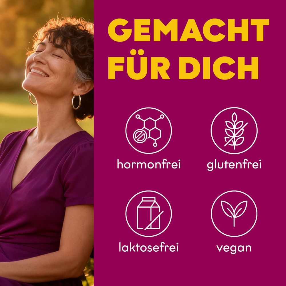 Lächelnde Frau im Freien, daneben Icons: hormonfrei, glutenfrei, laktosefrei, vegan.