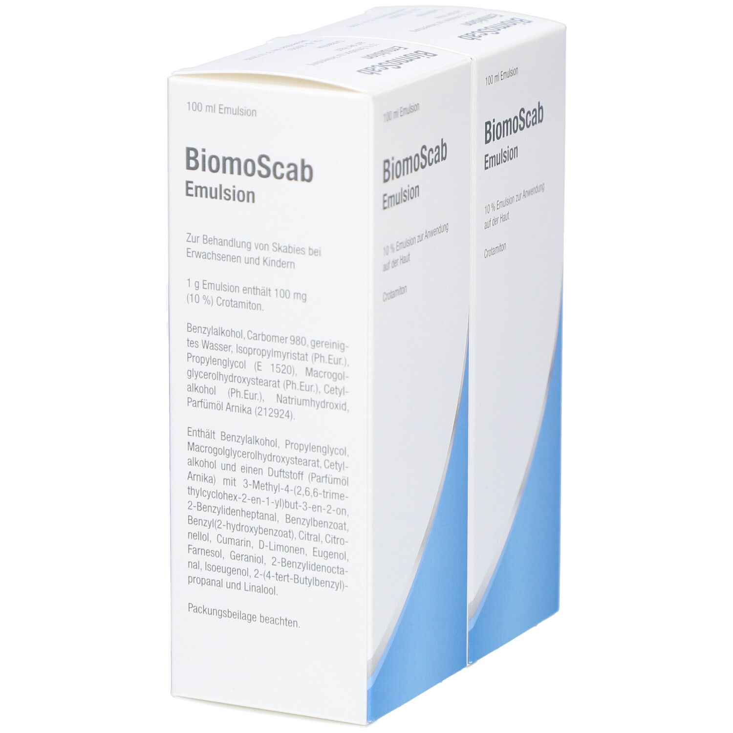 Zwei Packungen Biomoscab Emulsion. Weiße Schachteln mit blauer Wellenform. Text: 10% Emulsion zur Anwendung auf der Haut. Inhaltsstoffe.