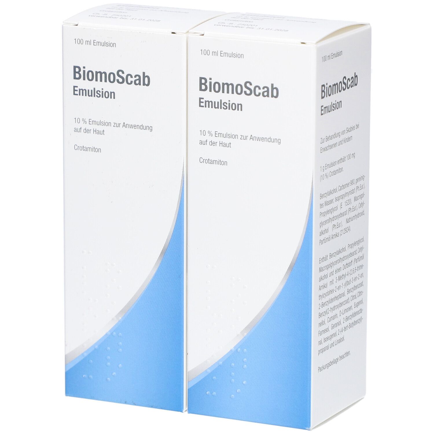 Zwei Packungen Biomoscab Emulsion. Weiße Schachteln mit blauer Wellenform. Text: 10% Emulsion zur Anwendung auf der Haut. Crotamiton.